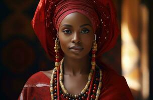 ai generado un mujer vestido en tradicional africano atuendo es posando foto