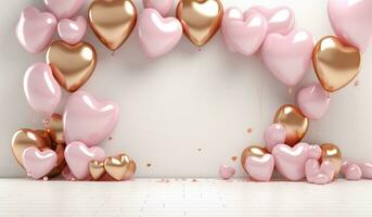 AI generated a background with balloons, gold hearts and pink decorations photo