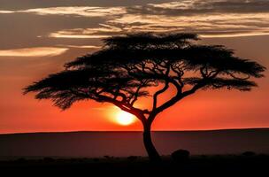 ai generado un negro y blanco puesta de sol escena con el silueta de un acacia árbol foto