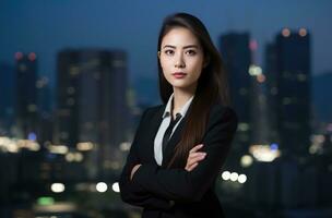 AI generated a young business woman standing in front of a city background photo