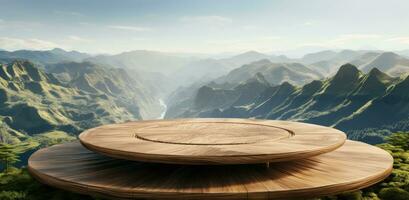 AI generated a wooden circular table overlooking some grassy mountains photo