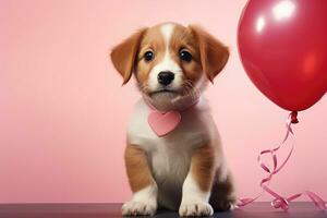 AI generated adorable puppy holding heart shaped pink balloon photo