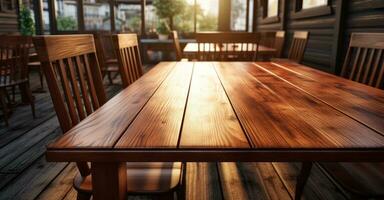 AI generated an empty wooden table and chairs in an restaurant photo