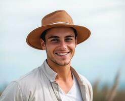 AI generated a young man wearing a hat is looking in the direction of his camera photo