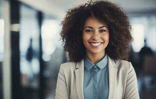 AI generated an afroamerican business woman standing in an office with a smile on her face photo