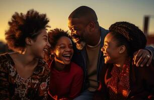 ai generado un africano americano familia riendo juntos a puesta de sol foto