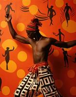 ai generado un africano bailarín con un tambor en frente de un pared foto
