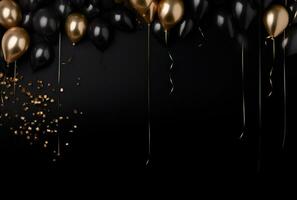 AI generated black background frame with gold and black balloons photo