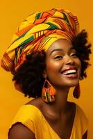 ai generado un sonriente africano mujer vistiendo un vistoso sombrero en un amarillo antecedentes foto