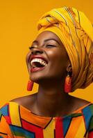 ai generado un sonriente africano mujer vistiendo un vistoso sombrero en un amarillo antecedentes foto