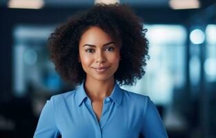 AI generated beautiful young businesswoman standing in an office standing businesswoman photo