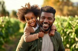 ai generado negro africano papá y hija en el naturaleza contento familia foto