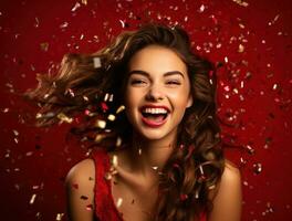 AI generated attractive young woman smiling with confetti in her hair against red background photo