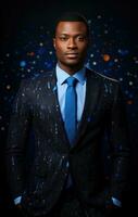 AI generated businessman from port harcourt, nigeria, standing in black suit and blue tie, photo