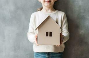 AI generated child holds paper cardboard house after moving in to a new home photo