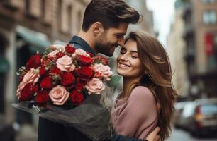 AI generated beautiful man hugging woman with bouquet of flowers on street photo