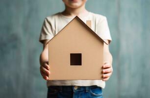 AI generated child holds paper cardboard house after moving in to a new home photo