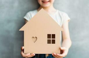 AI generated child holds paper cardboard house after moving in to a new home photo