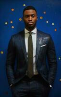 AI generated businessman from port harcourt, nigeria, standing in black suit and blue tie, photo