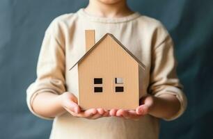 AI generated child holds paper cardboard house after moving in to a new home photo