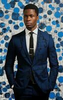 AI generated businessman from port harcourt, nigeria, standing in black suit and blue tie, photo