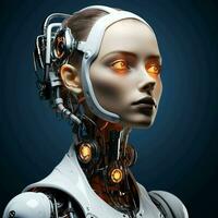 ai generado 3d representación robot. 3d representación cabeza retrato de un robot mujer. robot o cyborg mujer en oscuro antecedentes. artificial inteligencia concepto. foto
