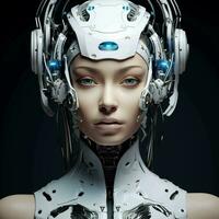 AI generated 3d rendering robot. 3D rendering head portrait of a robot woman. Robot or cyborg woman on dark background. Artificial intelligence concept. photo