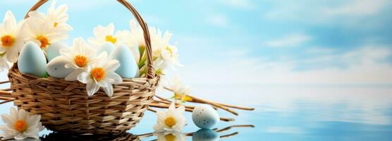 AI generated an easter egg and flowers in a basket on a blue background photo