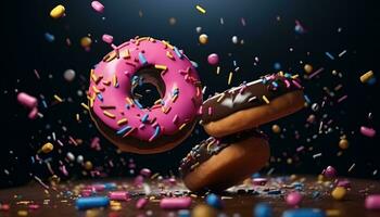 AI generated colorful sprinkled donuts are flying in the air photo