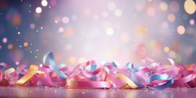 ai generado vistoso flotante burbuja papel picado cumpleaños presente con rosado cintas foto