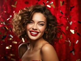 AI generated attractive young woman smiling with confetti in her hair against red background photo