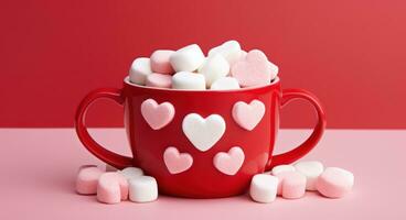 AI generated hot chocolate with marshmallows in red cup photo