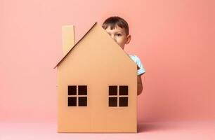 AI generated child holds paper cardboard house after moving in to a new home photo