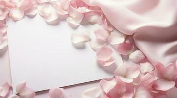 AI generated valentines day of pink petals and an empty paper photo