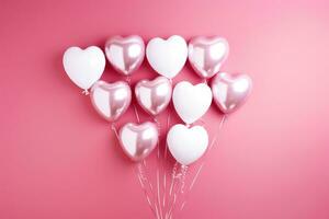 AI generated pink, white and silver heart balloons on pink background photo