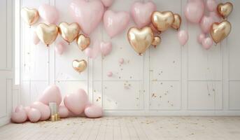 AI generated pink heart on a floating wooden plinth and hearts on balloons photo