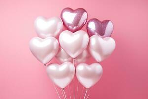 AI generated pink, white and silver heart balloons on pink background photo