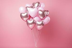 AI generated pink, white and silver heart balloons on pink background photo