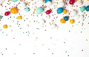 AI generated colorful multi color confetti balloons floating over white background photo