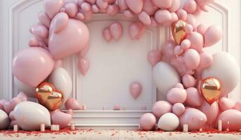 AI generated large balloons, heart frame, champagne, frame and golden paper hearts photo