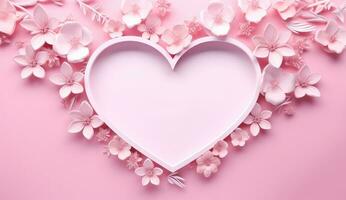 AI generated pink heart frame on pink background photo