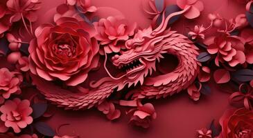 AI generated red dragon with branches on red background with abstract background photo