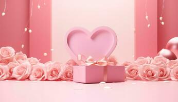 AI generated rose frame frame and heart shape with gold gift box photo