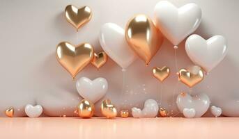 AI generated silver and gold heart balloons, gold star balloons and frame on a pink backdrop photo