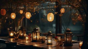 AI generated table setting in a restaurant with lanterns and candles photo