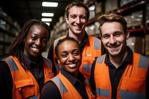 AI generated team of warehouse workers smiling photo