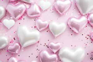 AI generated many heart heart foil balloons surrounding pink confetti photo