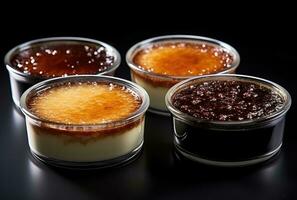 AI generated three dishes with dessert creme brulee topping photo