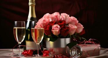 AI generated valentine's day flowers roses and champagne photo