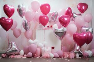 AI generated many heart heart foil balloons surrounding pink confetti photo